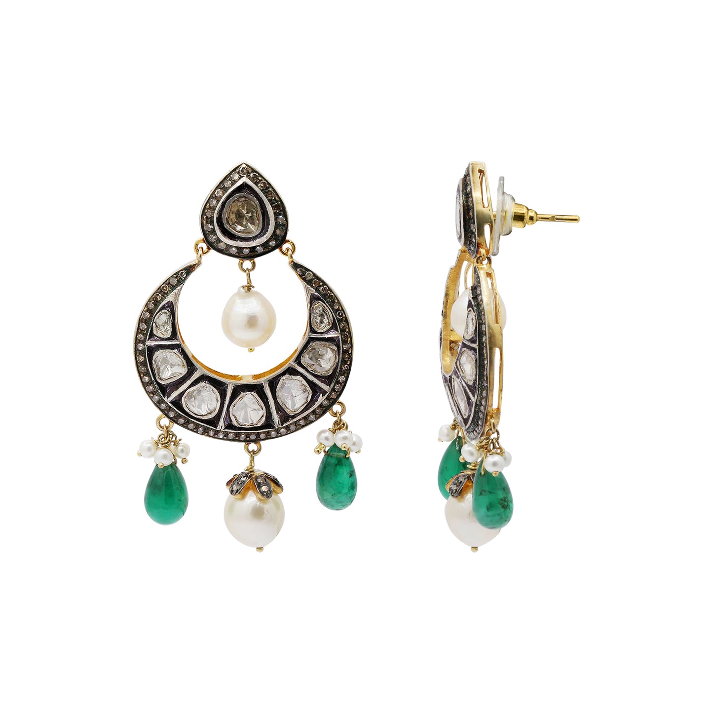 Natural Emerald, Pearl And Polki Diamond 925 Sterling Silver Drop Earrings
