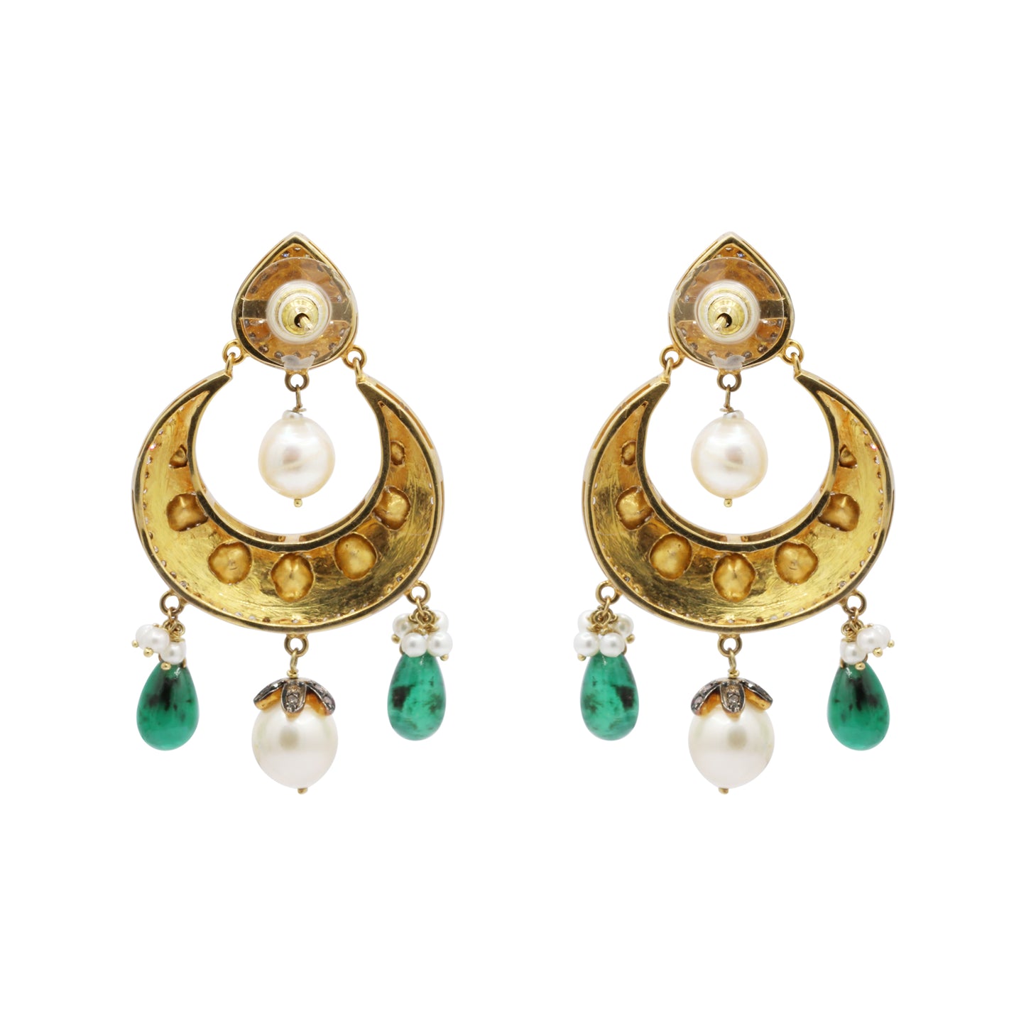 Natural Emerald, Pearl And Polki Diamond 925 Sterling Silver Drop Earrings