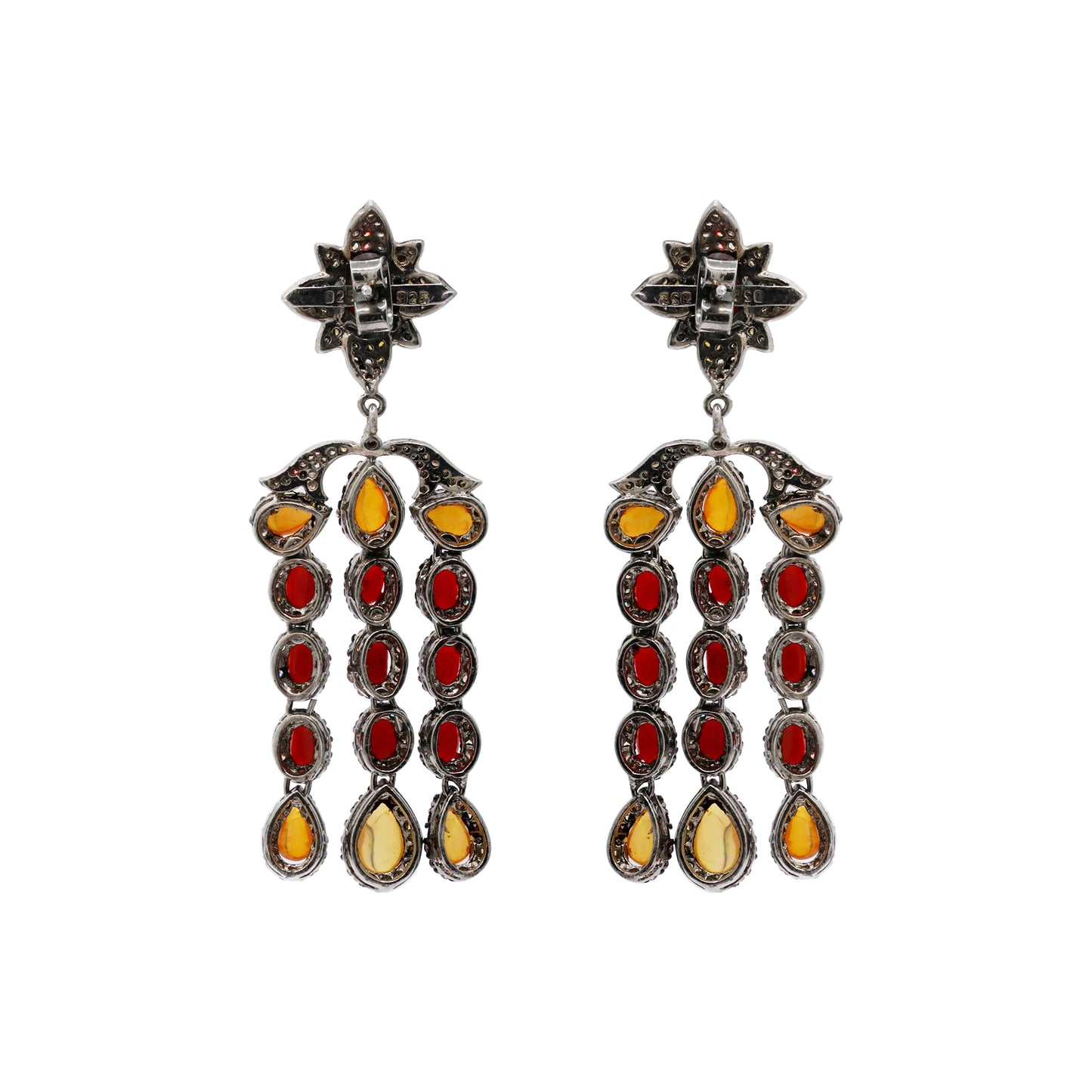 Natural Coral, Opal Gemstone And Diamond 925 Sterling Silver Drop Earrings