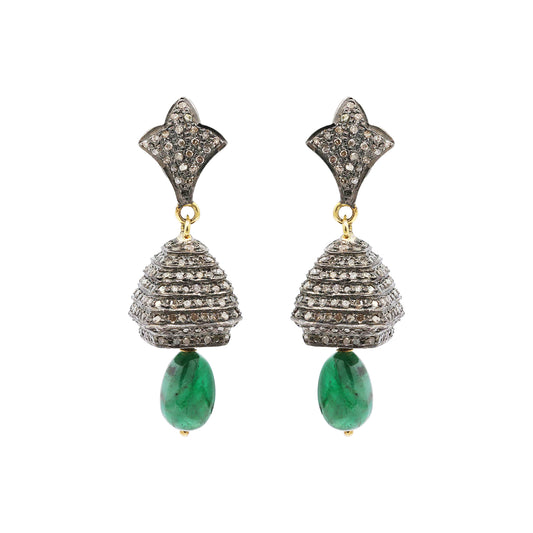 Natural Emerald And Diamond 925 Sterling Silver Drop Earrings