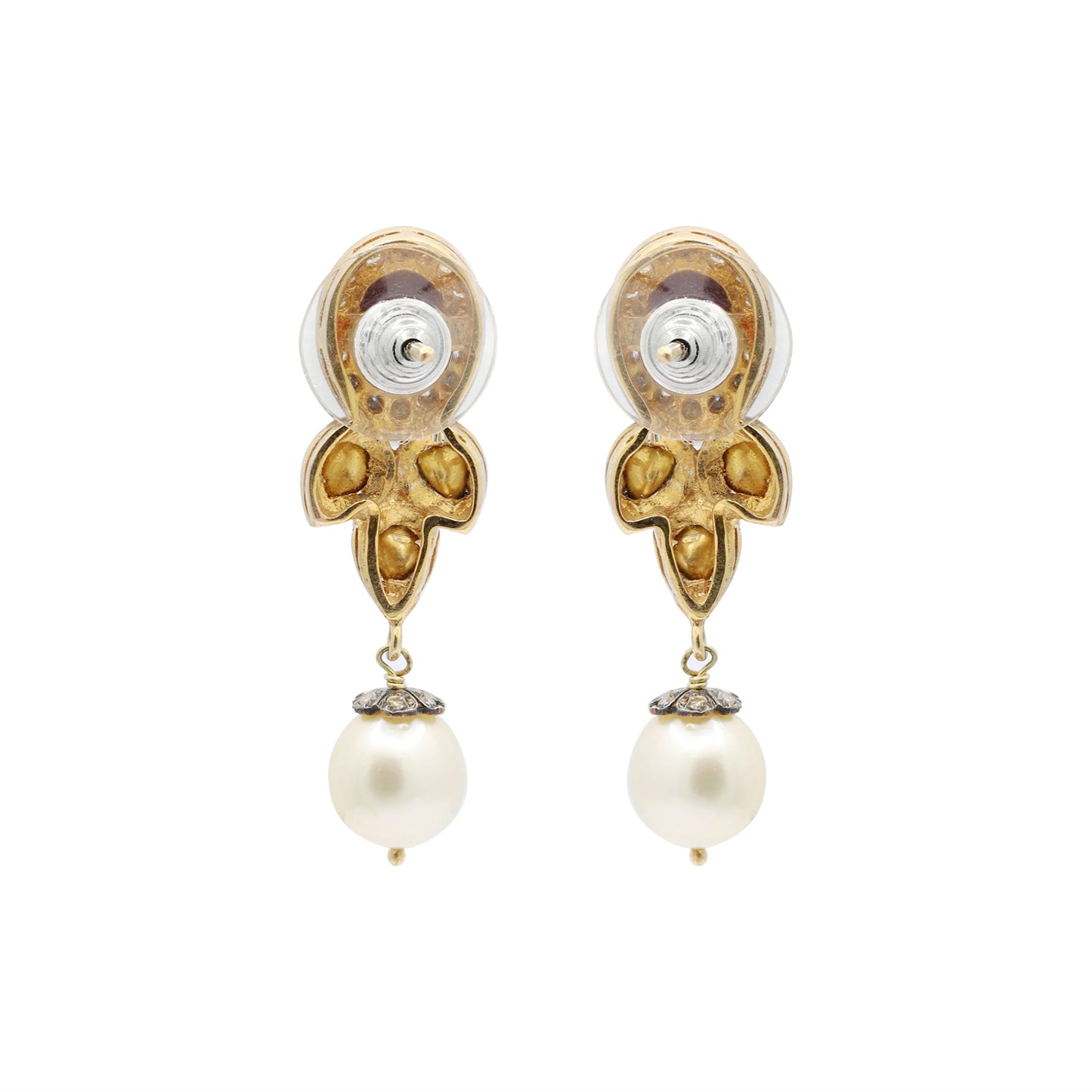 Natural Ruby, Pearl And Polki Diamond 925 Sterling Silver Drop Earrings