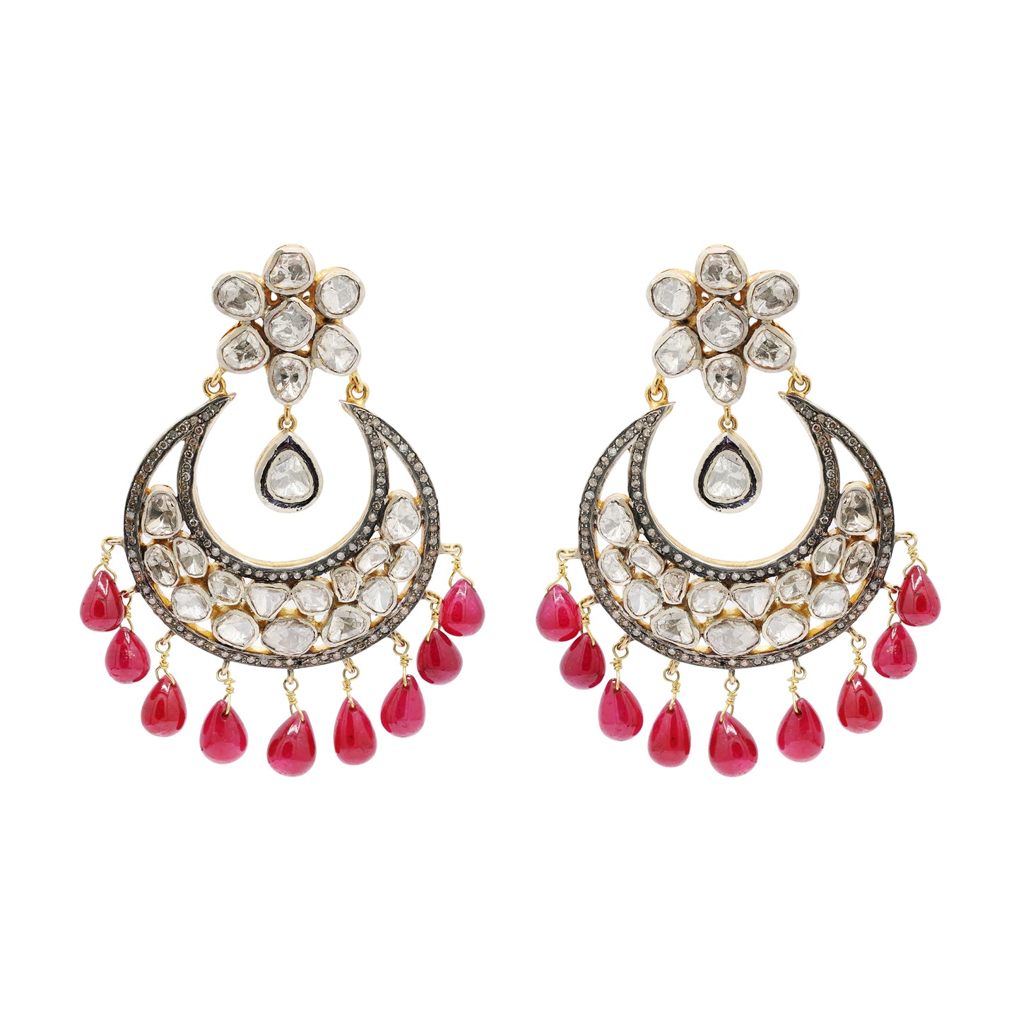 Natural Ruby With Polki Diamond 925 Sterling Silver Gold Plated Earring