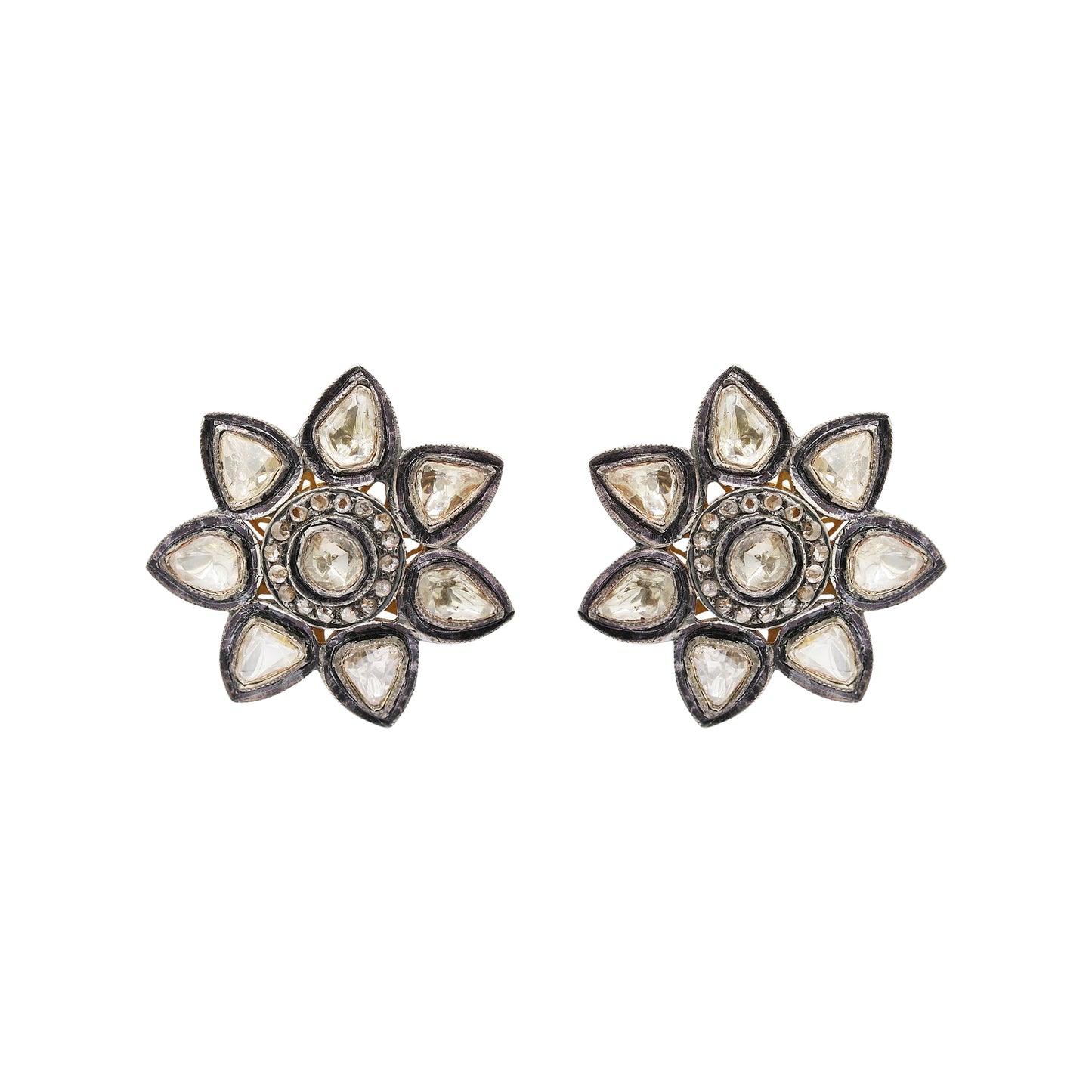 Polki Diamond Floral Design 925 Sterling Silver Gold Plated Stud Earring