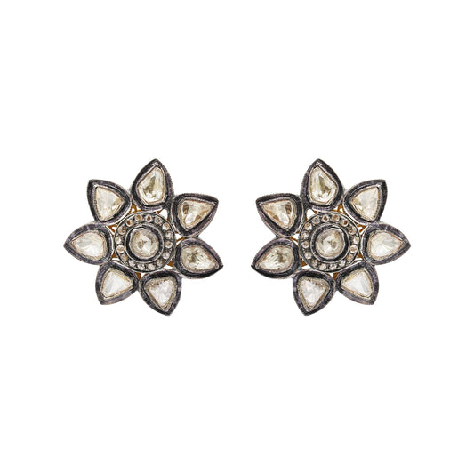 Polki Diamond Floral Design 925 Sterling Silver Gold Plated Stud Earring