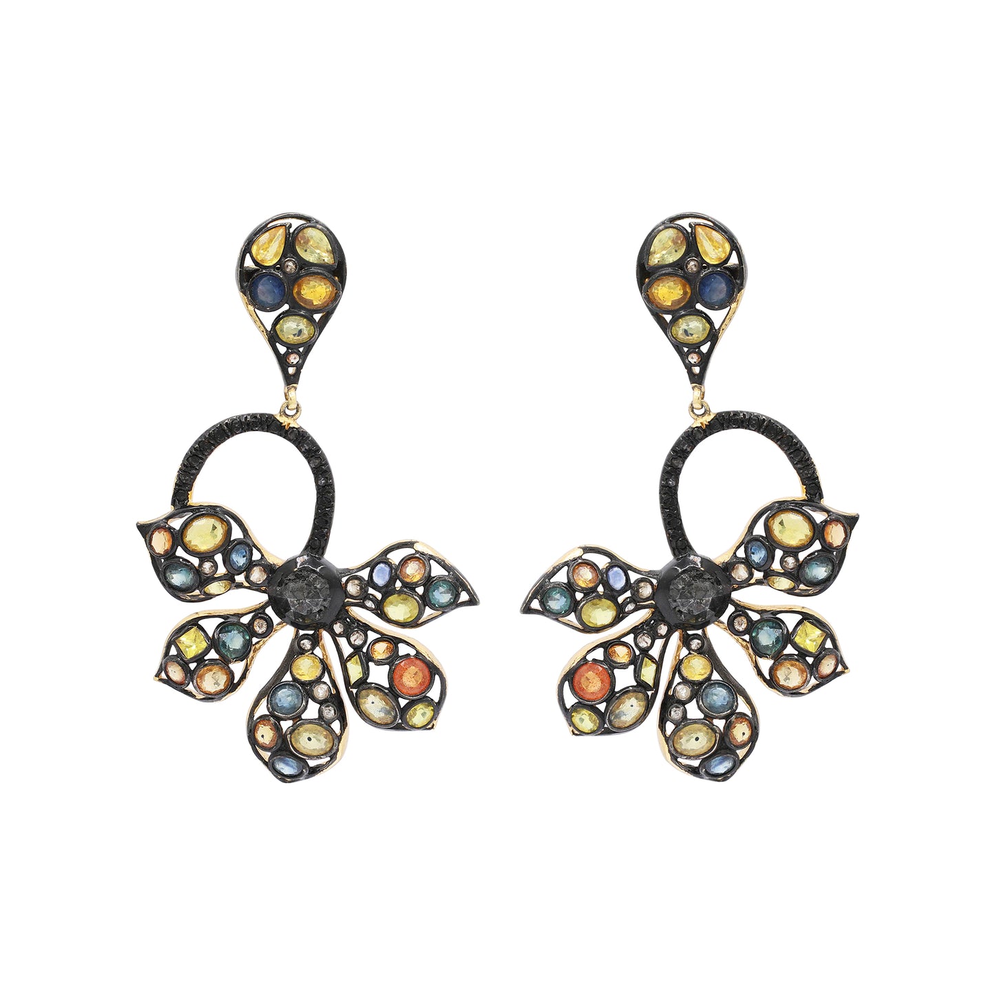 Multi Sapphire And Black Diamond 925 Sterling Silver Gold Plated Flower Earring