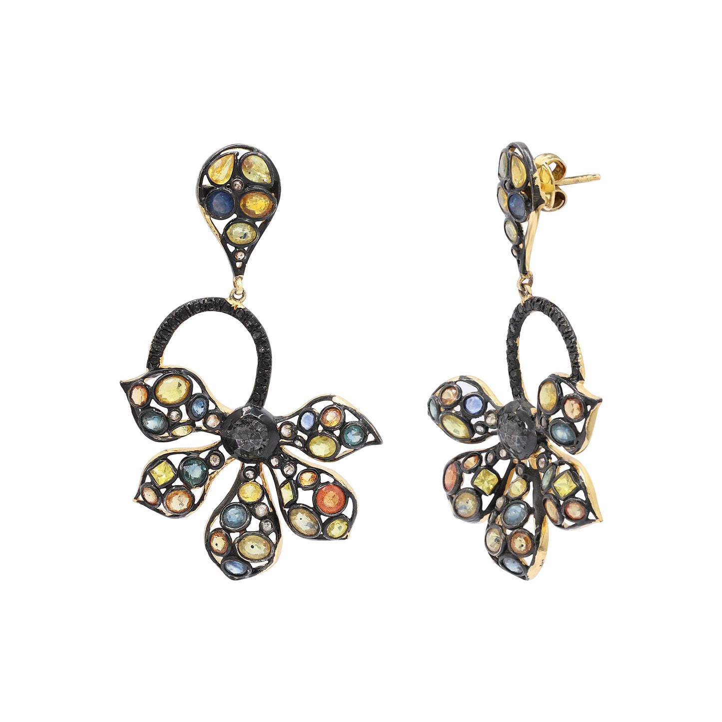 Multi Sapphire And Black Diamond 925 Sterling Silver Gold Plated Flower Earring