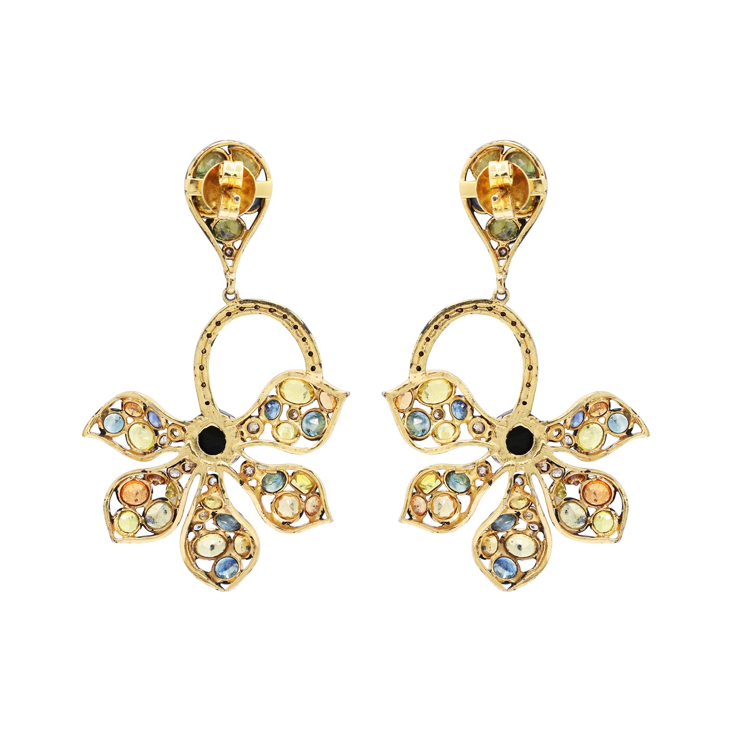 Multi Sapphire And Black Diamond 925 Sterling Silver Gold Plated Flower Earring