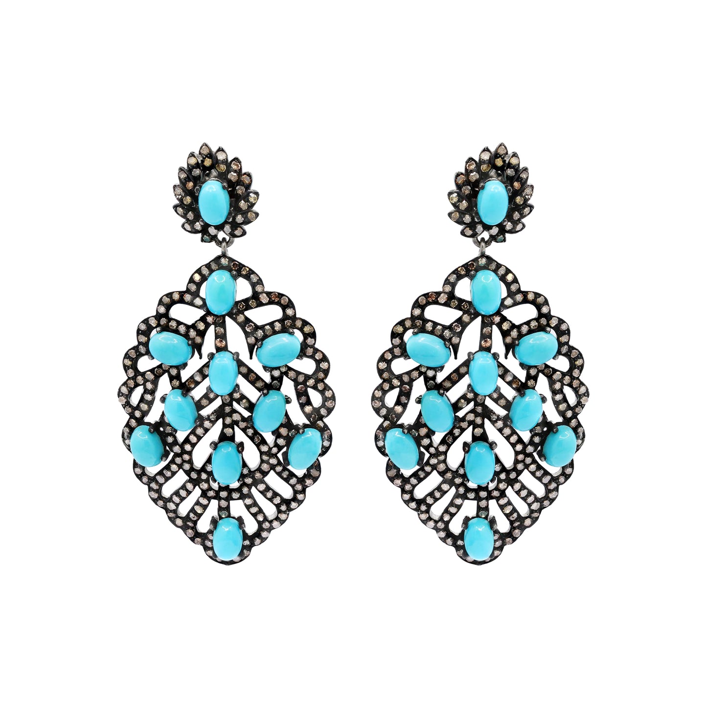 Turquoise And Diamond 925 Sterling Silver Leaf Design Drop Silver Earring