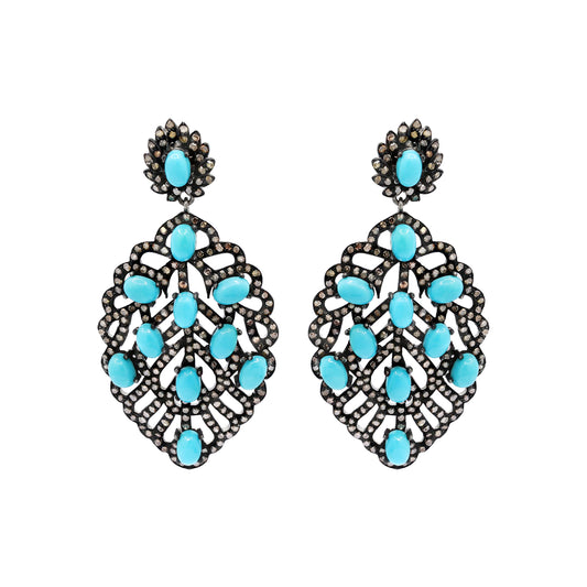 Turquoise And Diamond 925 Sterling Silver Leaf Design Drop Silver Earring