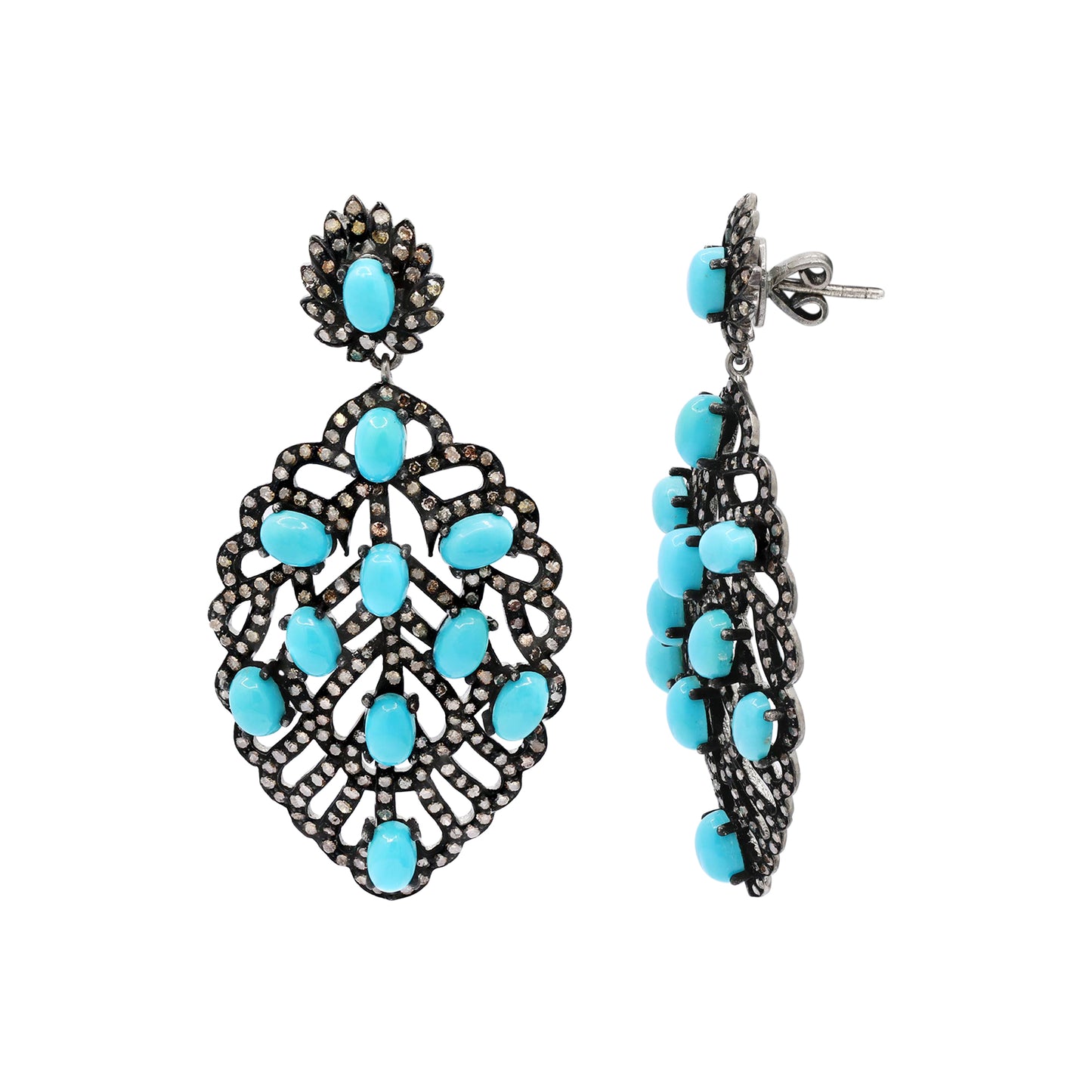 Turquoise And Diamond 925 Sterling Silver Leaf Design Drop Silver Earring