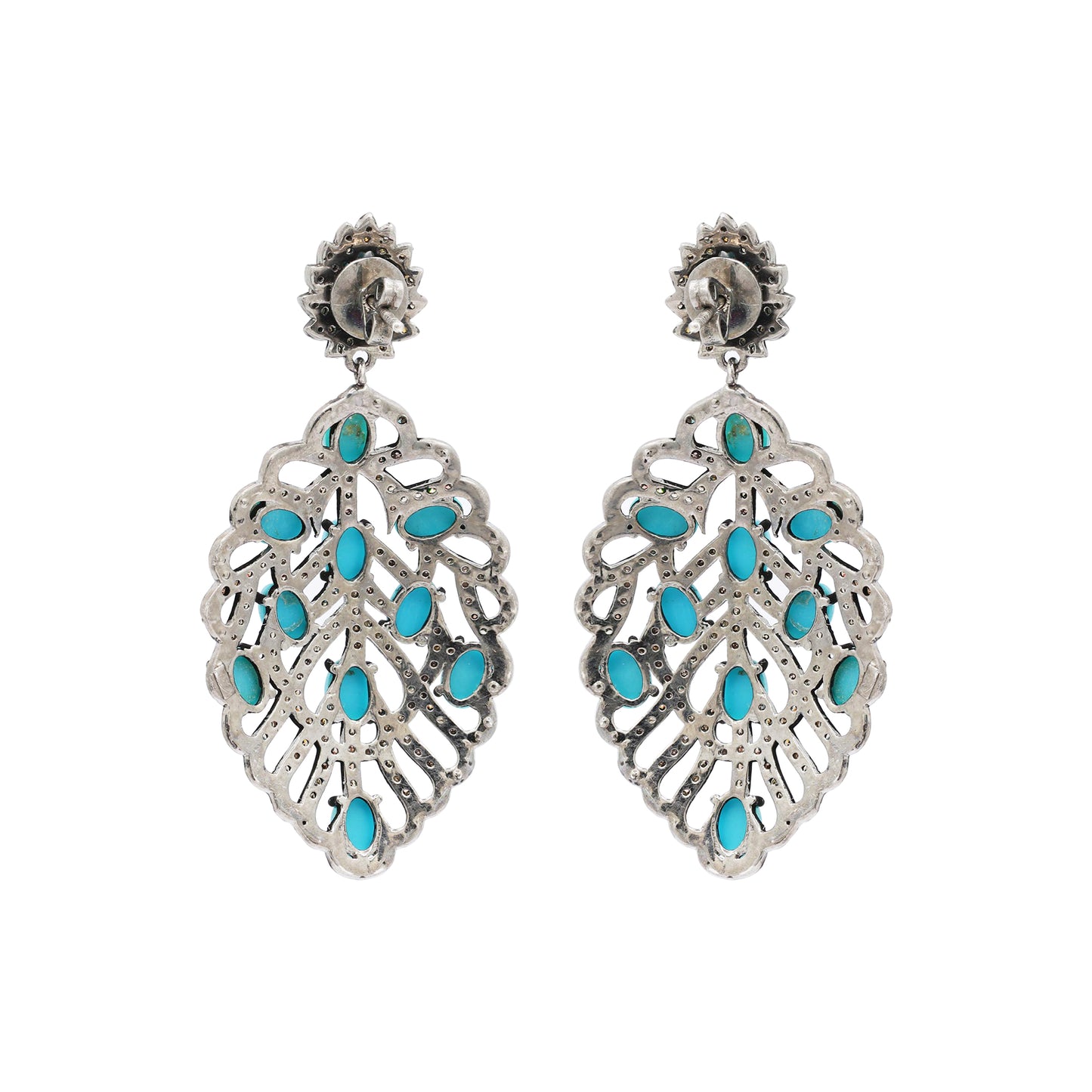Turquoise And Diamond 925 Sterling Silver Leaf Design Drop Silver Earring