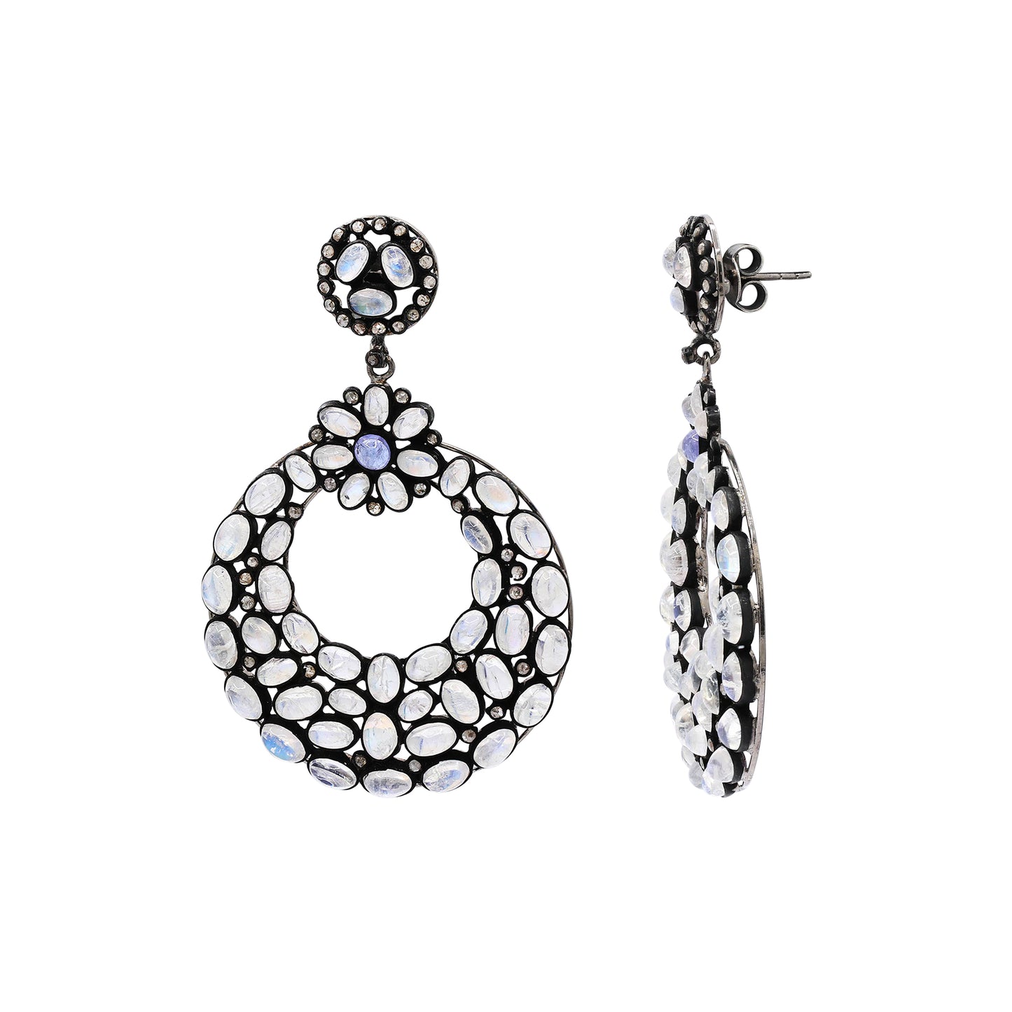 Natural Moonstone And Diamond 925 Sterling Silver Jumka Earring
