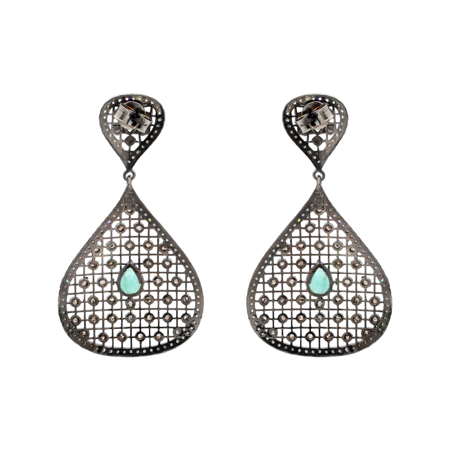 Natural Emerald And Diamond 925 Sterling Silver Drop Earring