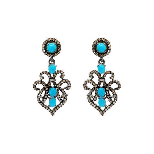 Natural Turquoise And Diamond 925 Sterling Silver Drop Earring