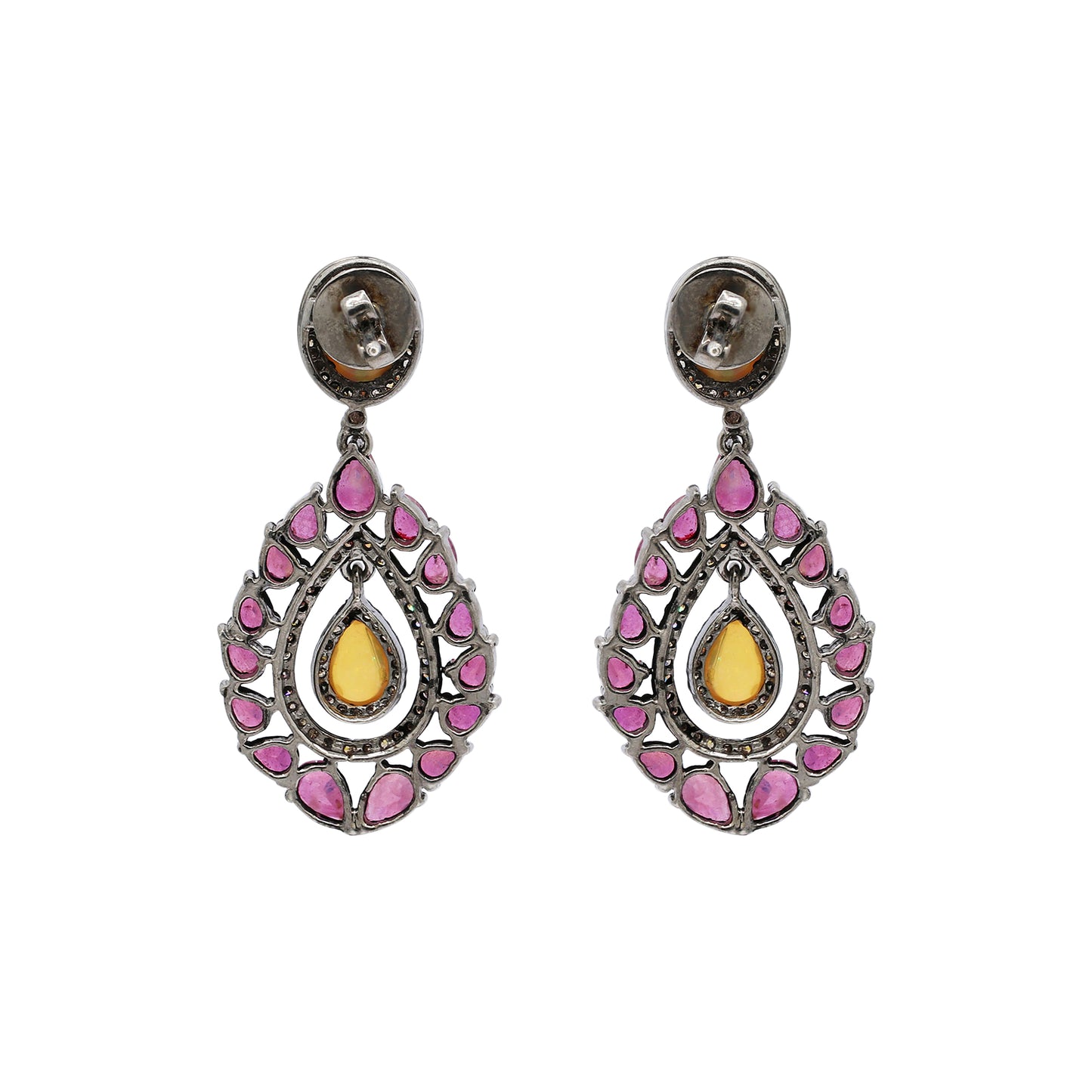 Natural Ruby, Opal And Diamond 925 Sterling Silver Drop Earring