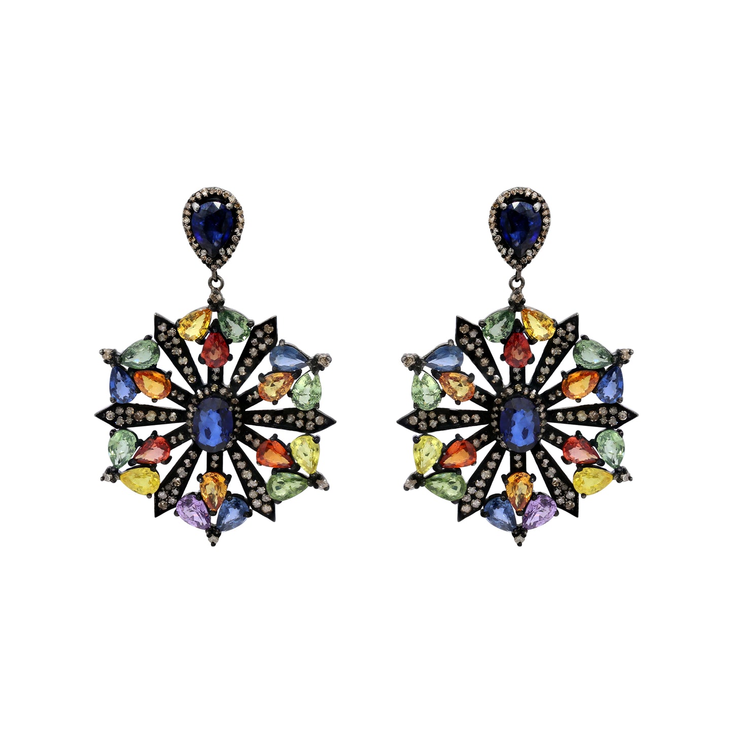 Natural Multi Sapphire And Diamond 925 Sterling Silver Beautiful Drop Earring