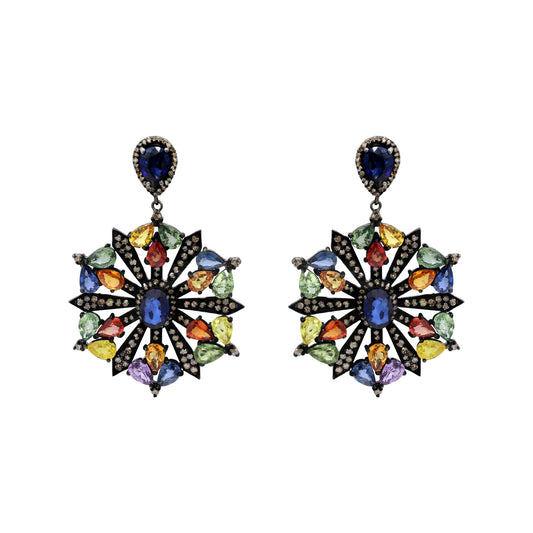 Natural Multi Sapphire And Diamond 925 Sterling Silver Beautiful Drop Earring