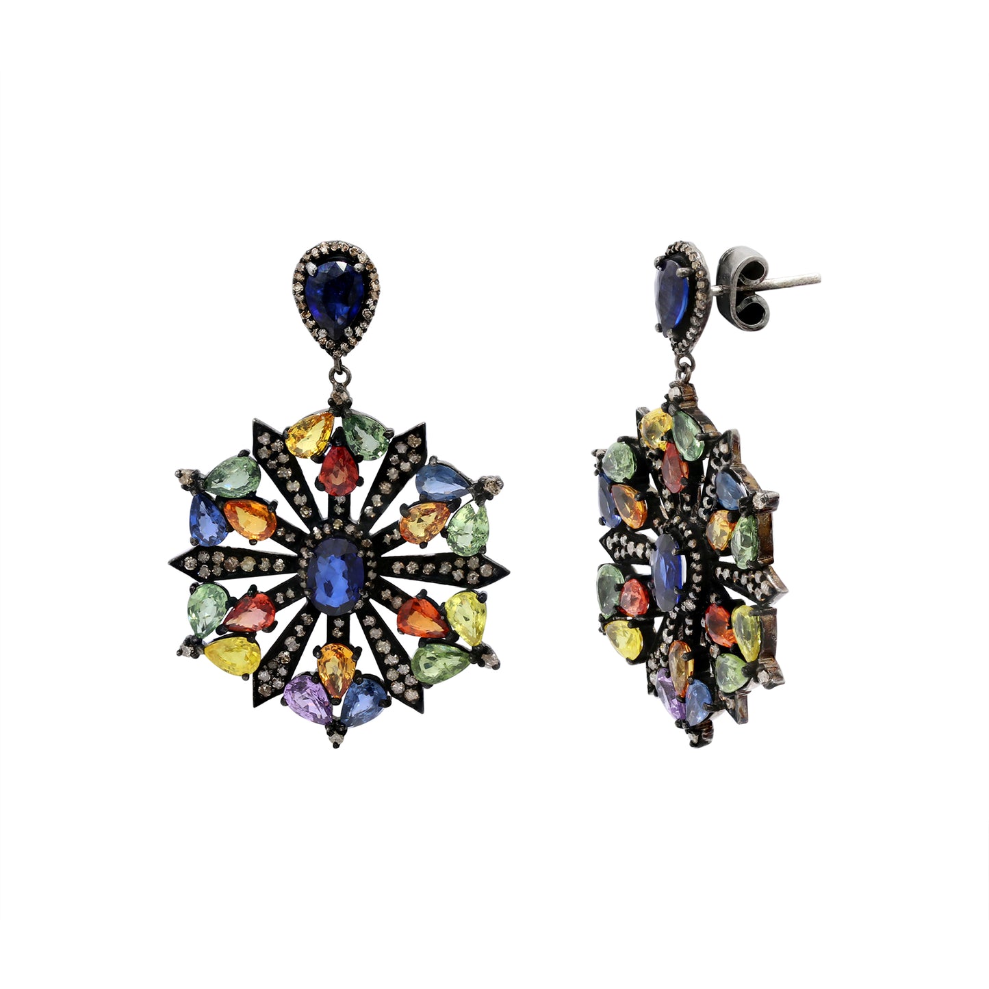 Natural Multi Sapphire And Diamond 925 Sterling Silver Beautiful Drop Earring