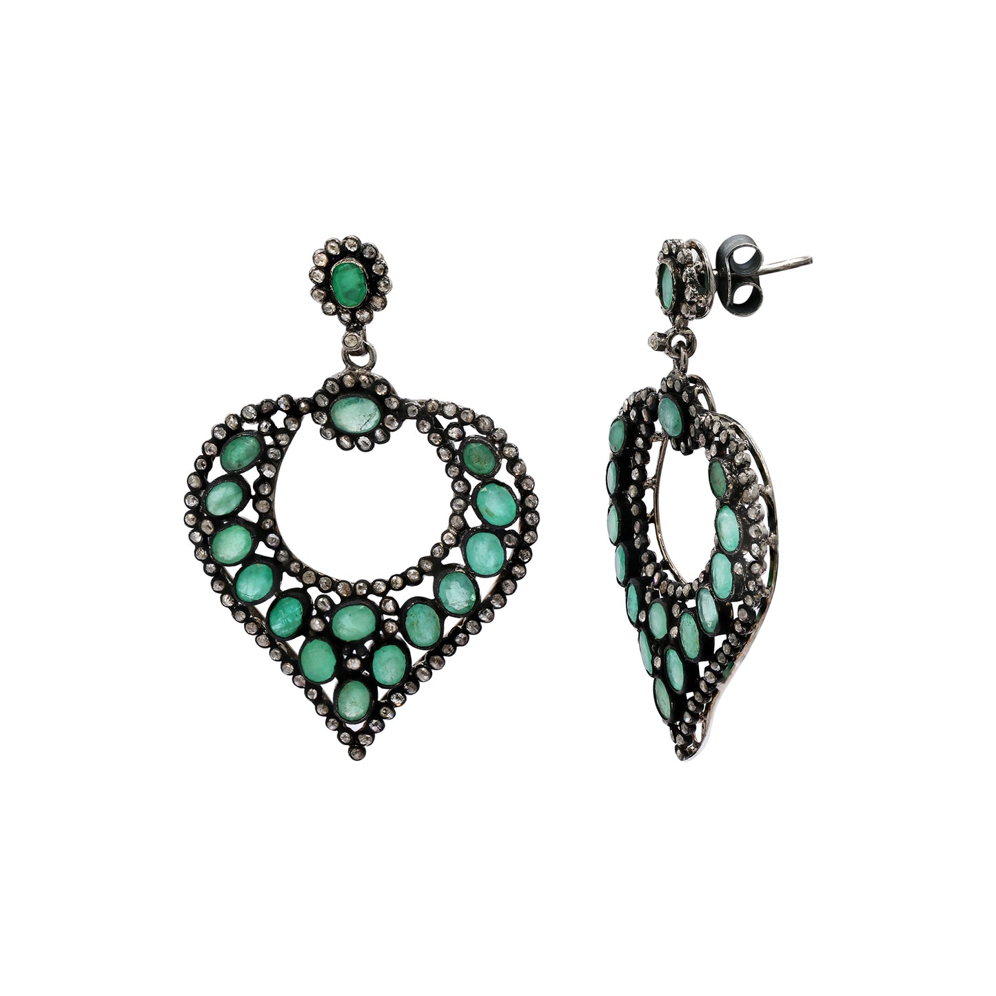 925 Sterling Silver Natural Emerald And Diamond Drop Earrings