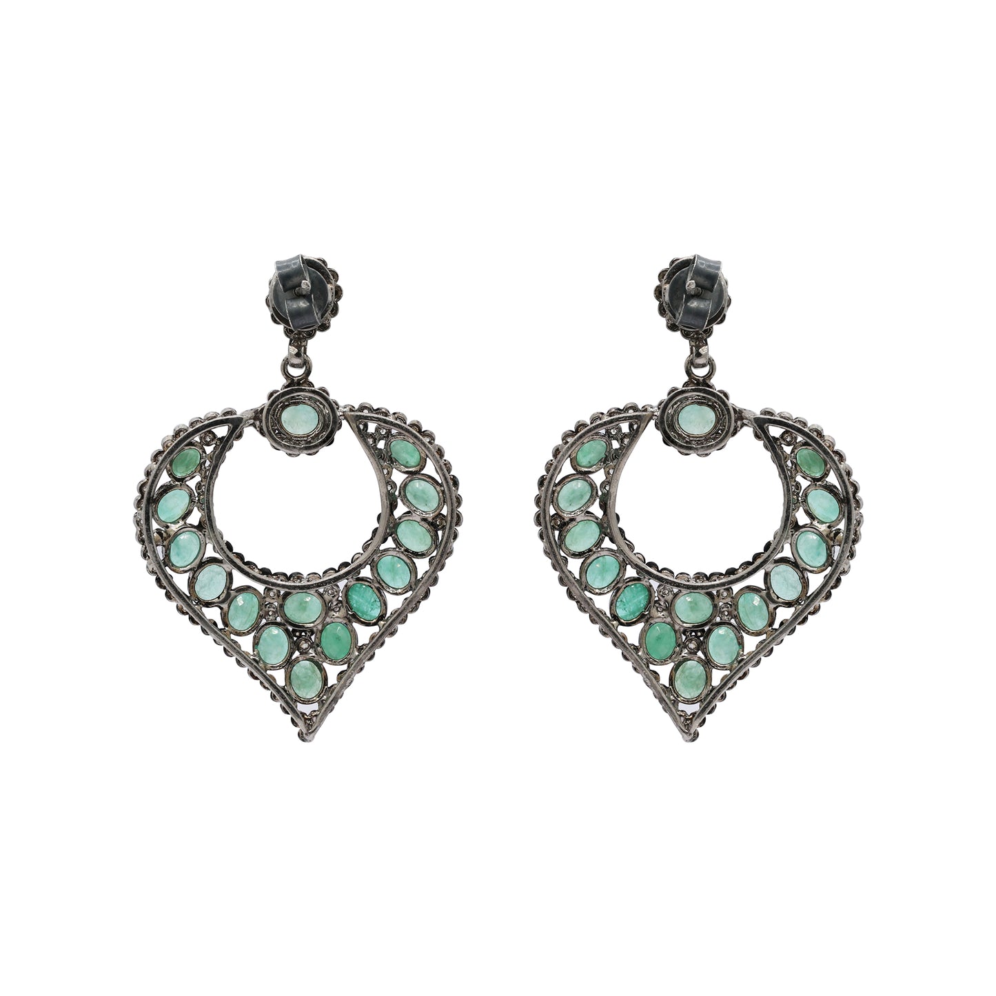 925 Sterling Silver Natural Emerald And Diamond Drop Earrings