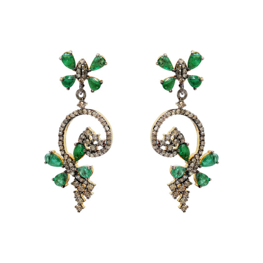Natural Emerald Gemstone And Diamond Drop Earring 925 Sterling Silver