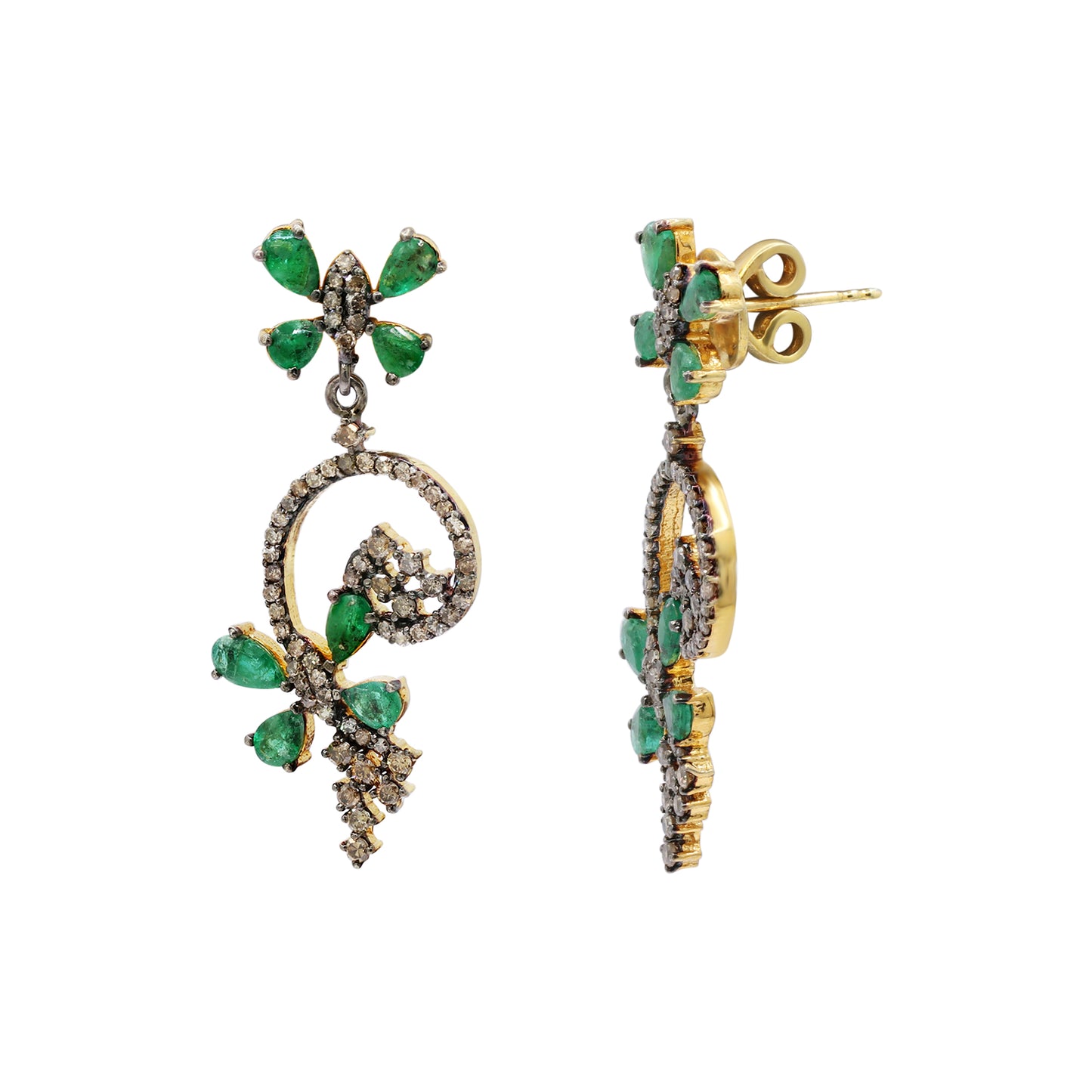Natural Emerald Gemstone And Diamond Drop Earring 925 Sterling Silver