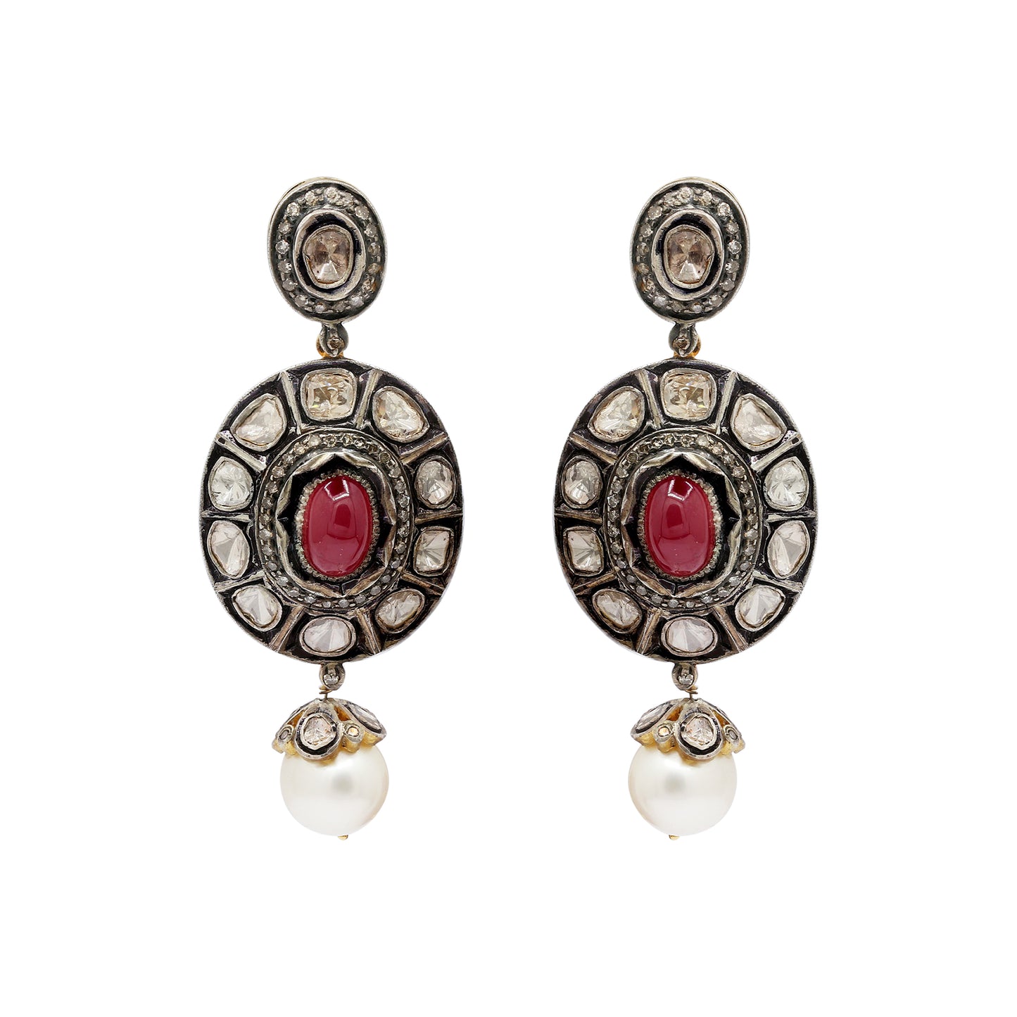 Natural Oval Cut Ruby, Pearl And Polki Diamond Gold Plated 925 Sterling Silver Drop Earing