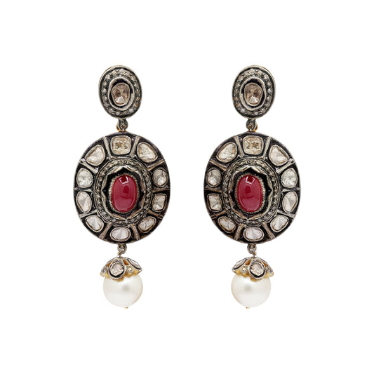 Natural Oval Cut Ruby, Pearl And Polki Diamond Gold Plated 925 Sterling Silver Drop Earing
