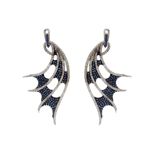 925 Sterling Silver Blue Sapphire And Diamond Angel Wings Drop And Dangle Silver Earrings