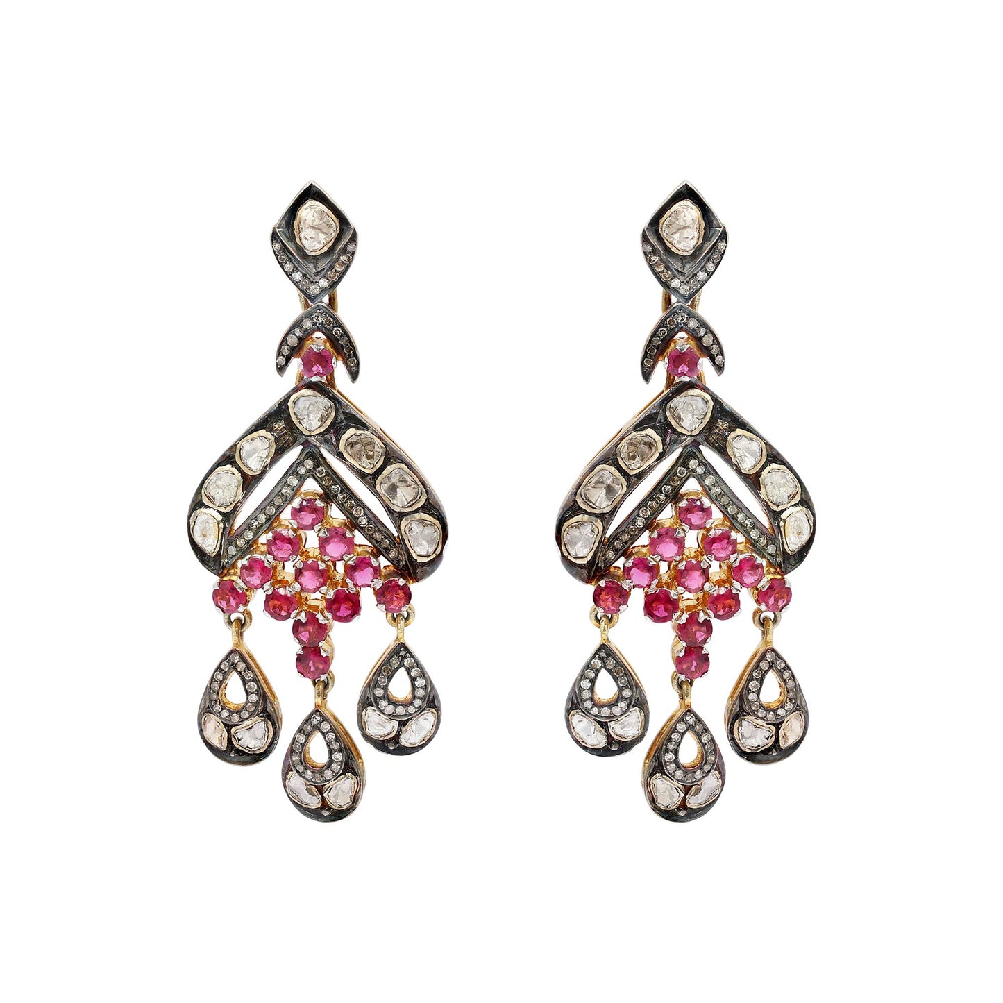 Natural Ruby And Polki Diamond 925 Sterling Silver Gold Plated Drop Dangle Earring
