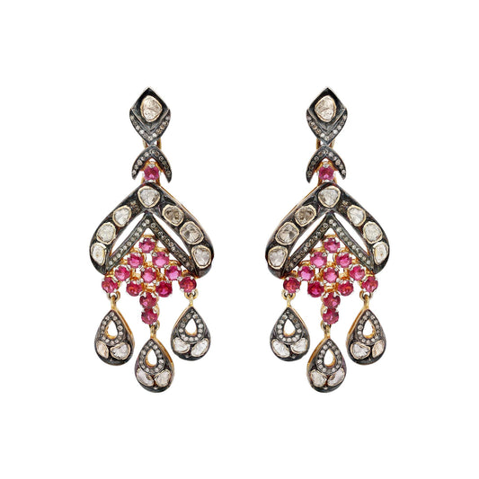 Natural Ruby And Polki Diamond 925 Sterling Silver Gold Plated Drop Dangle Earring