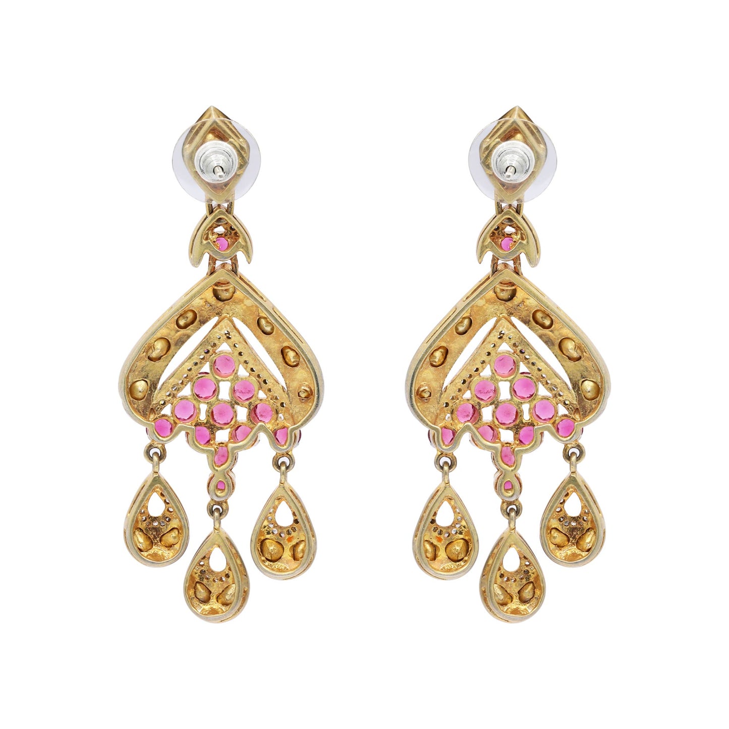 Natural Ruby And Polki Diamond 925 Sterling Silver Gold Plated Drop Dangle Earring