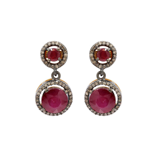 Round Precious Ruby And Diamond 925 Sterling Silver Gold Plated Drop Earrings