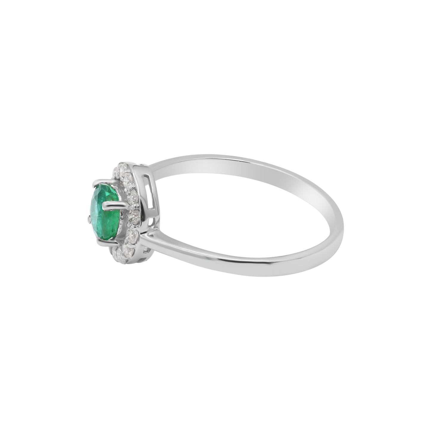 Precious Round Emerald Gemstone With Diamond Gold Ring In 14k White Gold