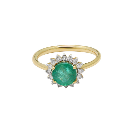 Round Natural Emerald With Diamond 14k Yellow Gold Ring
