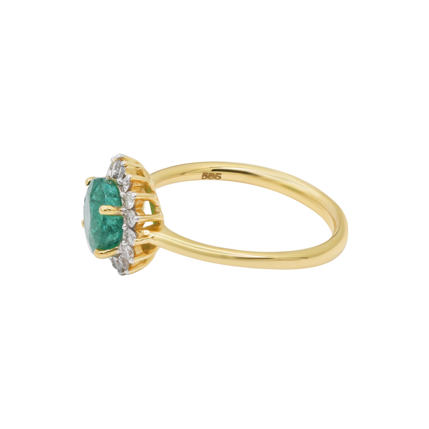 Round Natural Emerald With Diamond 14k Yellow Gold Ring