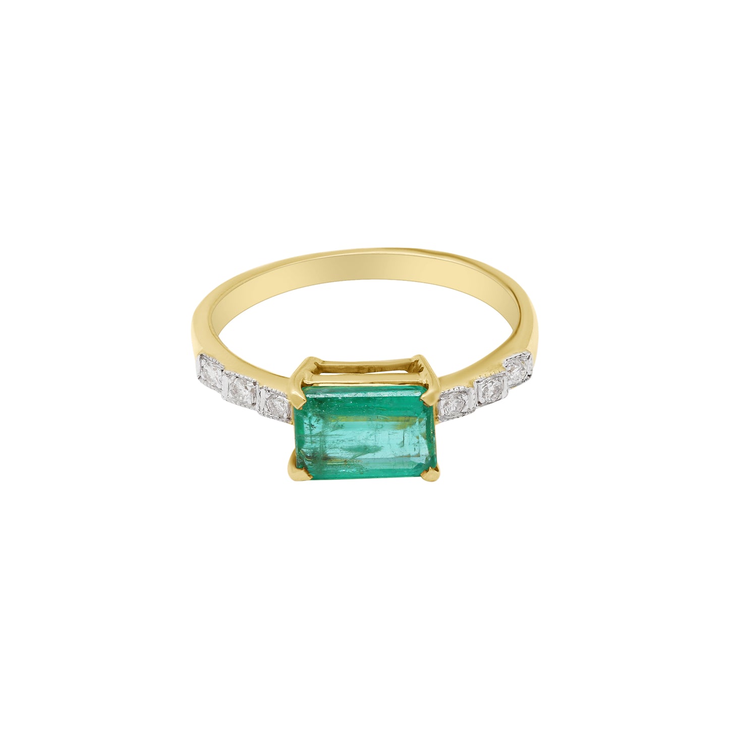 Natural Emerald With Diamond Ring In 18k Yellow Gold