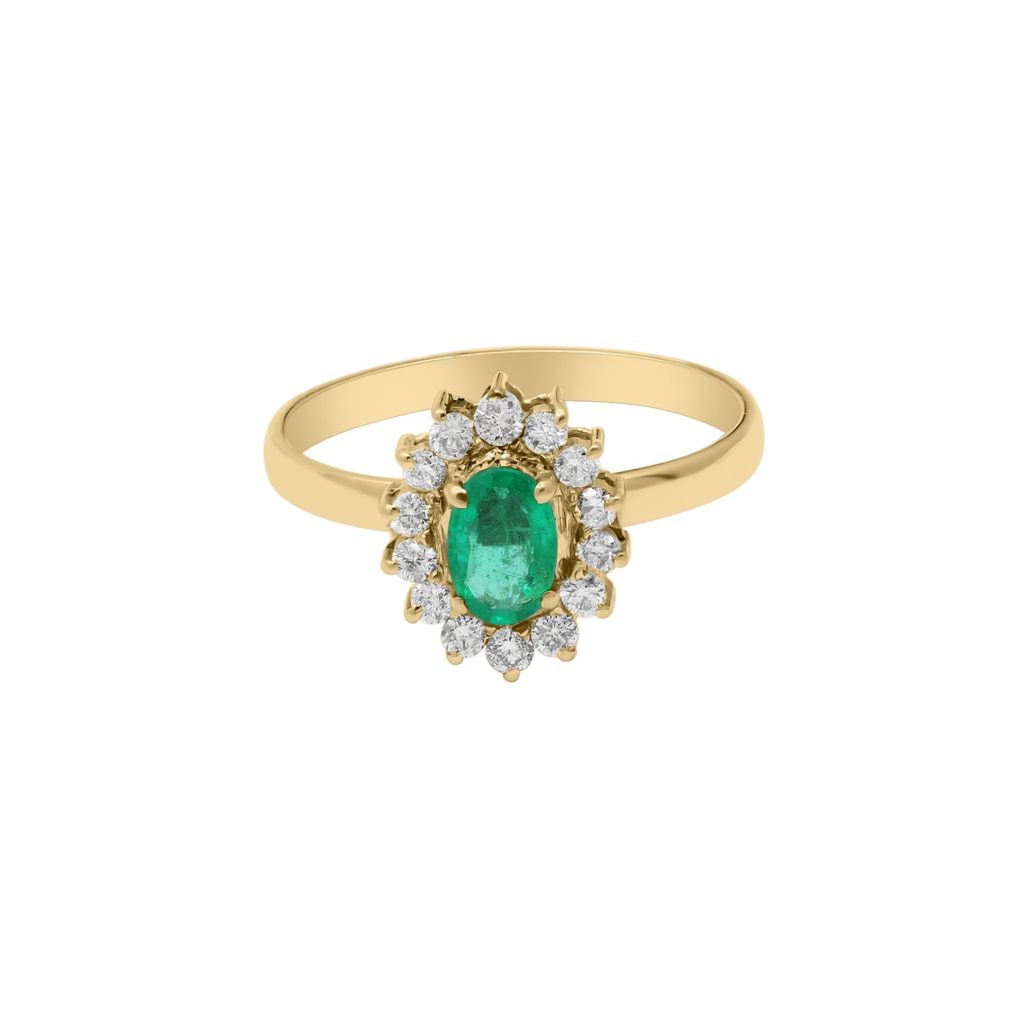 Natural Oval Cut Emerald Gemstone With Diamond Ring In 18k Yellow Gold