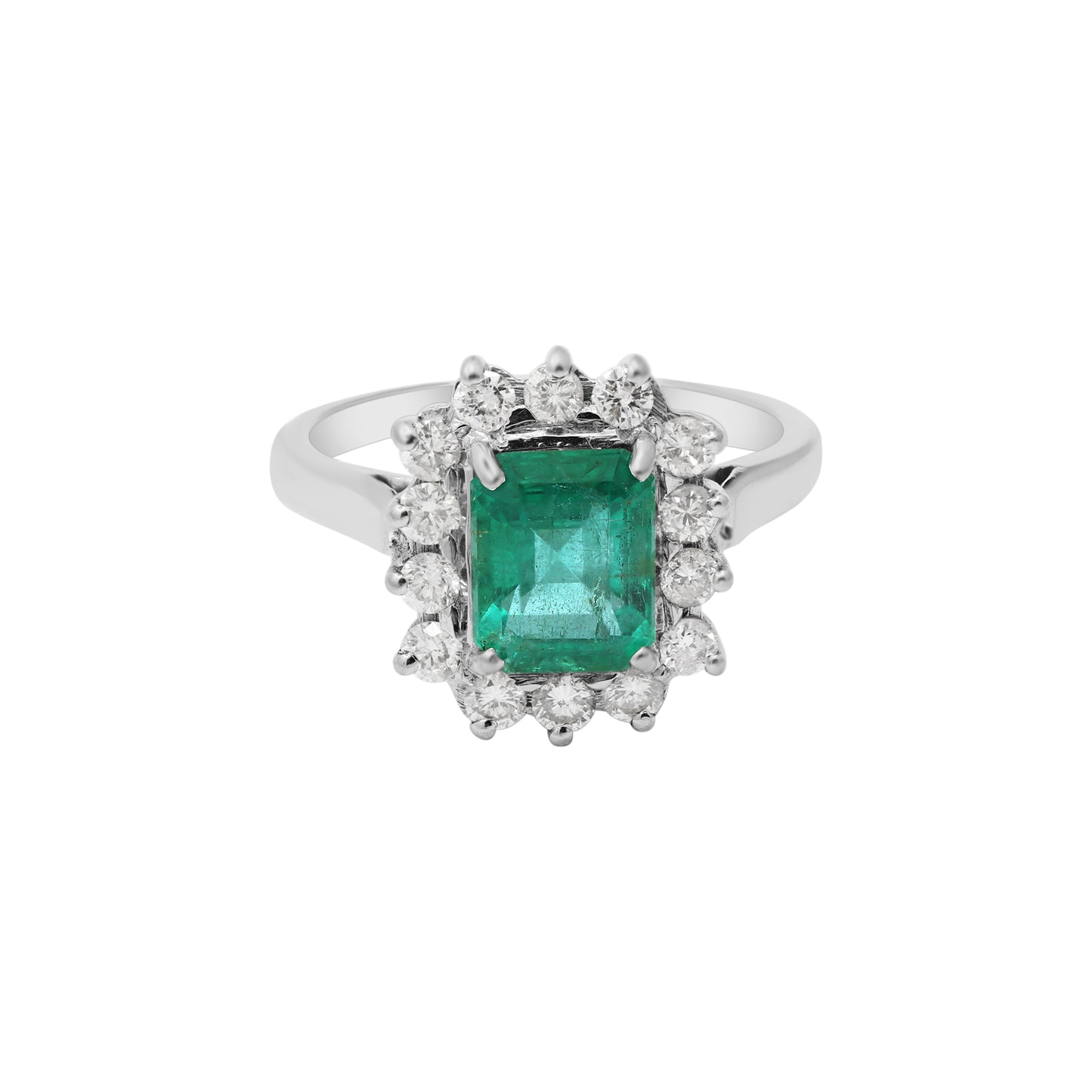Natural Emerald With Diamond White Gold Ring In 18k White Gold