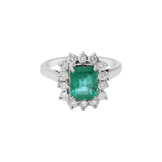 Natural Emerald With Diamond White Gold Ring In 18k White Gold