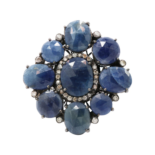Precious Blue Sapphire With Diamond Black Rhodium Silver Ring For Women & Girls 925 Silver Handmade Ring