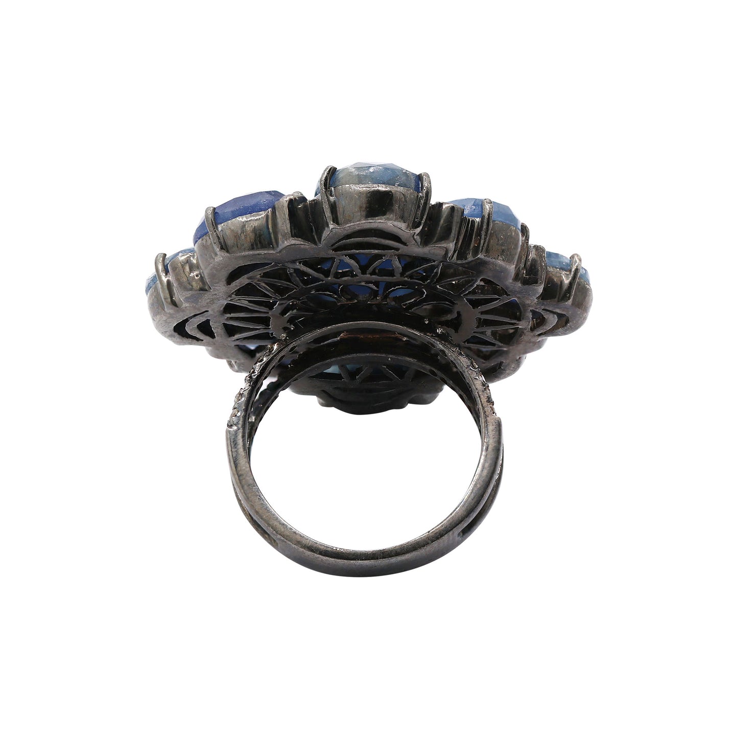 Precious Blue Sapphire With Diamond Black Rhodium Silver Ring For Women & Girls 925 Silver Handmade Ring