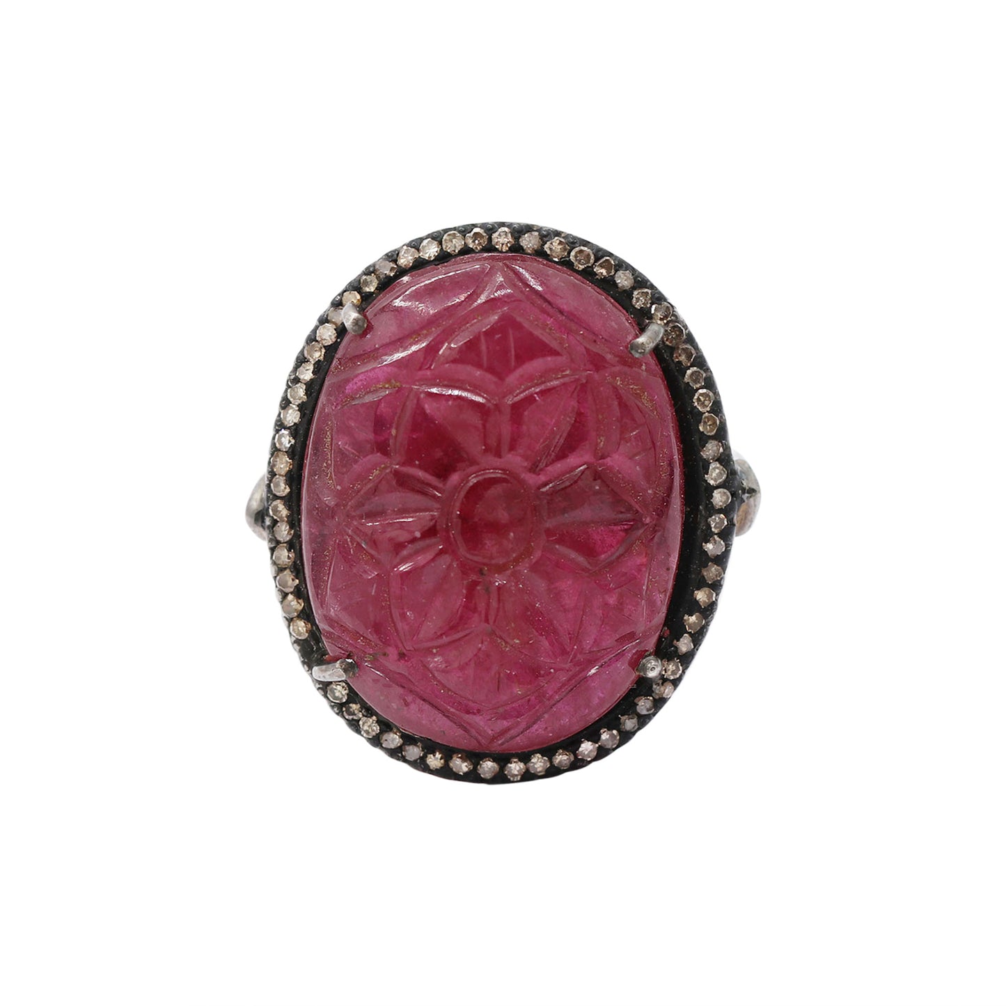 Carved Natural Ruby With Diamond Black Rhodium 925 Silver Ring