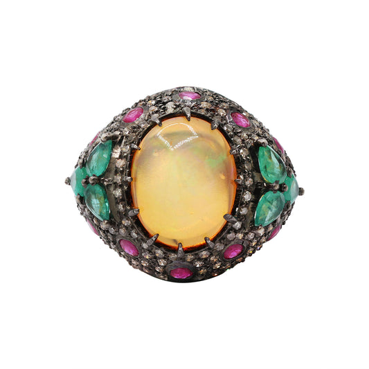 Natural Opal, Ruby Emerald And Diamond 925 Sterling Silver Ring