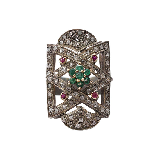 Vintage Natural Emerald, Ruby And Diamond Black Rhodium 925 Sterling Silver Ring