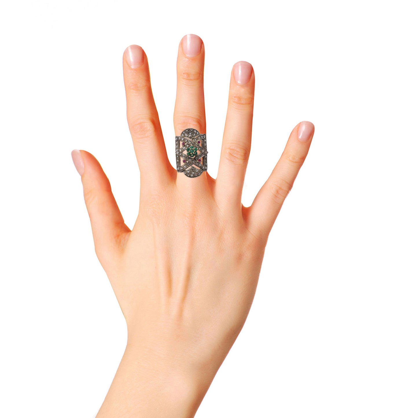 Vintage Natural Emerald, Ruby And Diamond Black Rhodium 925 Sterling Silver Ring