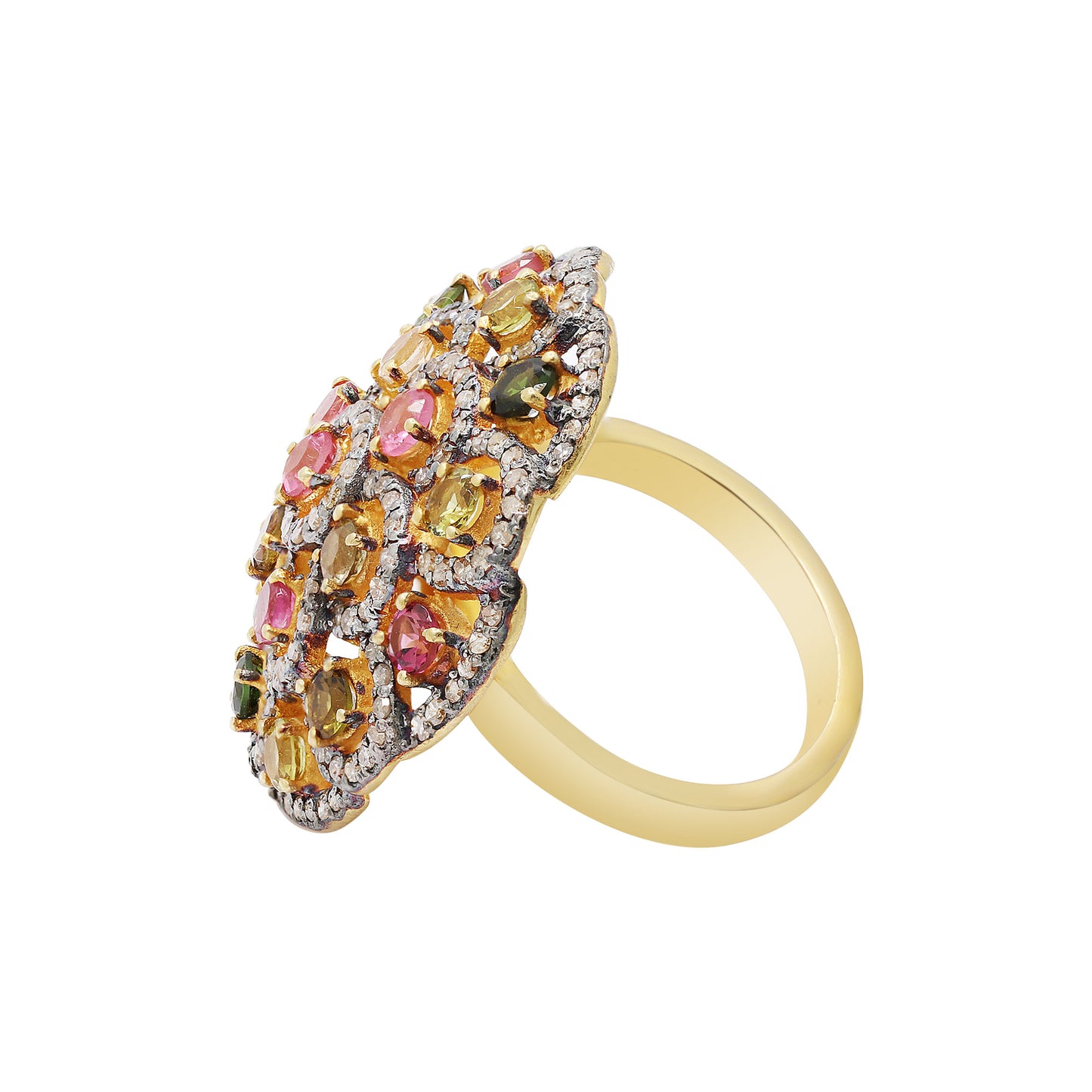 Beautiful Multi Tourmaline & Diamond 925 Silver Gold Plated Handmade Ring