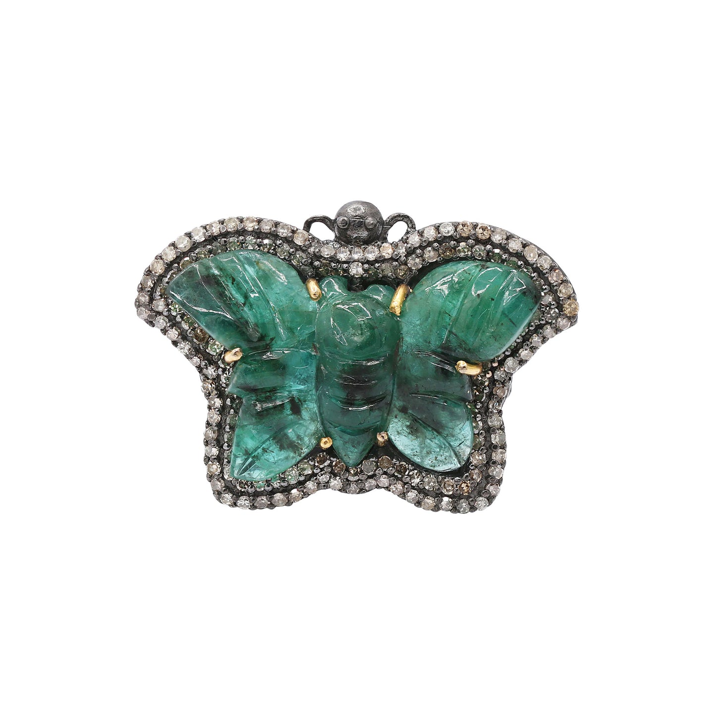 Butterfly Design 925 Sterling Silver Natural Carved Emerald With Diamond Ring