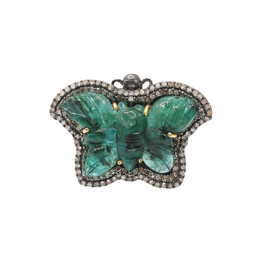 Butterfly Design 925 Sterling Silver Natural Carved Emerald With Diamond Ring