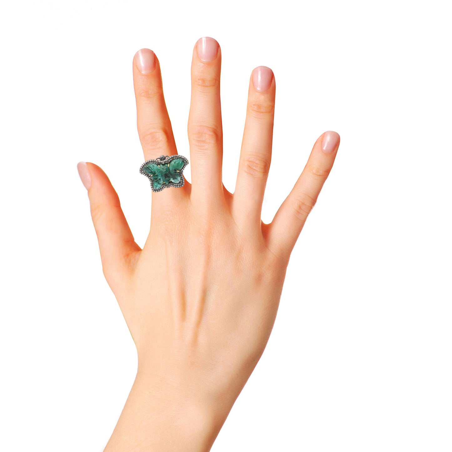 Butterfly Design 925 Sterling Silver Natural Carved Emerald With Diamond Ring